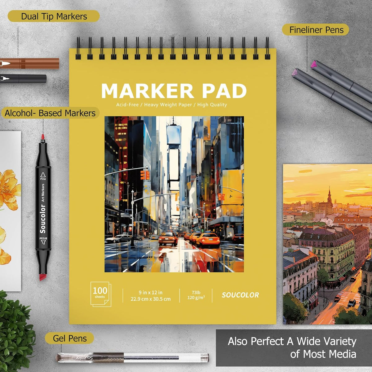 Soucolor 100 Sheets Marker Paper Pad, 9"x12" Bleedproof Art Sketch Pad, 73lb/120gsm Drawing Paper