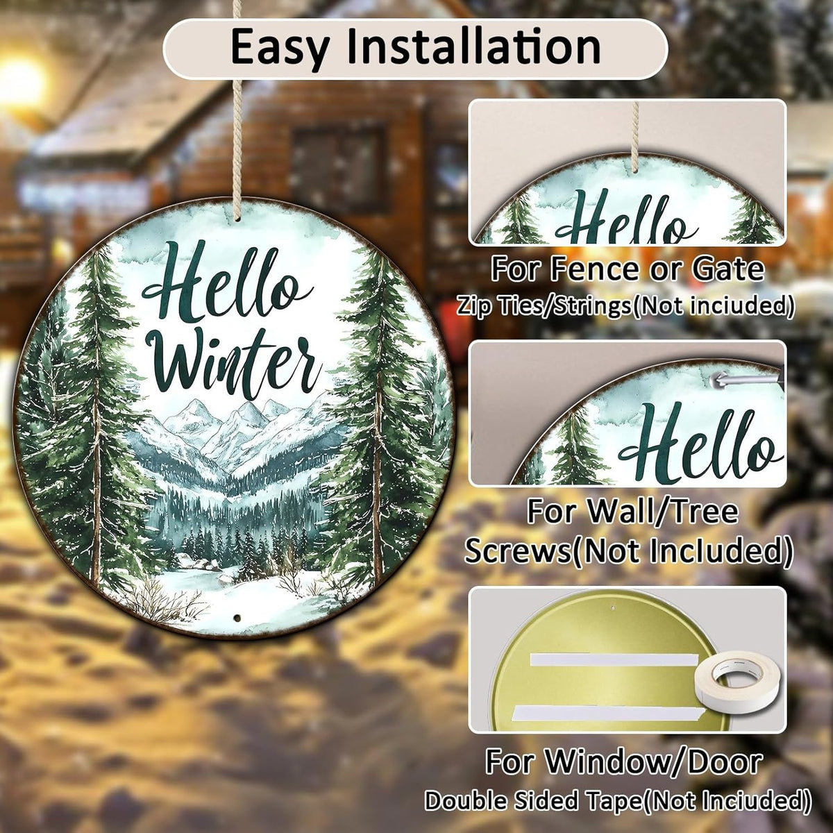 Round Christmas Metal Tin Sign Hello Winter Sign Christmas Pine Trees Welcome Door Sign Xmas Winter