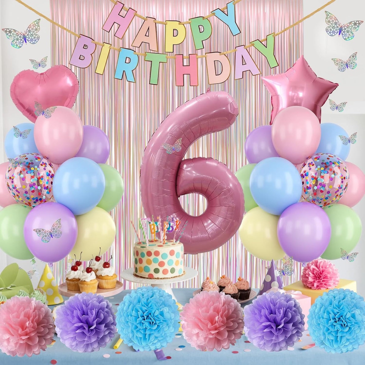 Pastel 6th Birthday Party Decorations for Girls Number 6 Balloon Happy Birthday Banner Butterfly