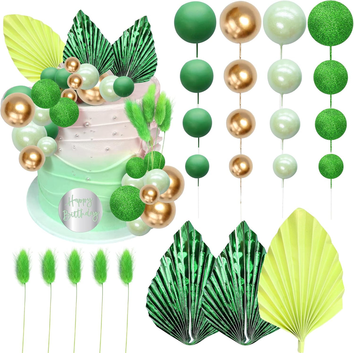 Ephlyn 33 Pack Balls Cake Toppers Boho Palm Leaves Cake Decorations Round Acrylic Happy Birthday