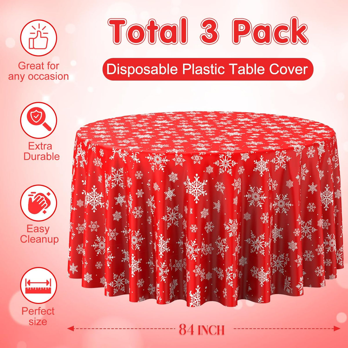 3 Pieces Christmas Snowflake Plastic Party Tablecloth Decorations, Disposable White Snowflake Red