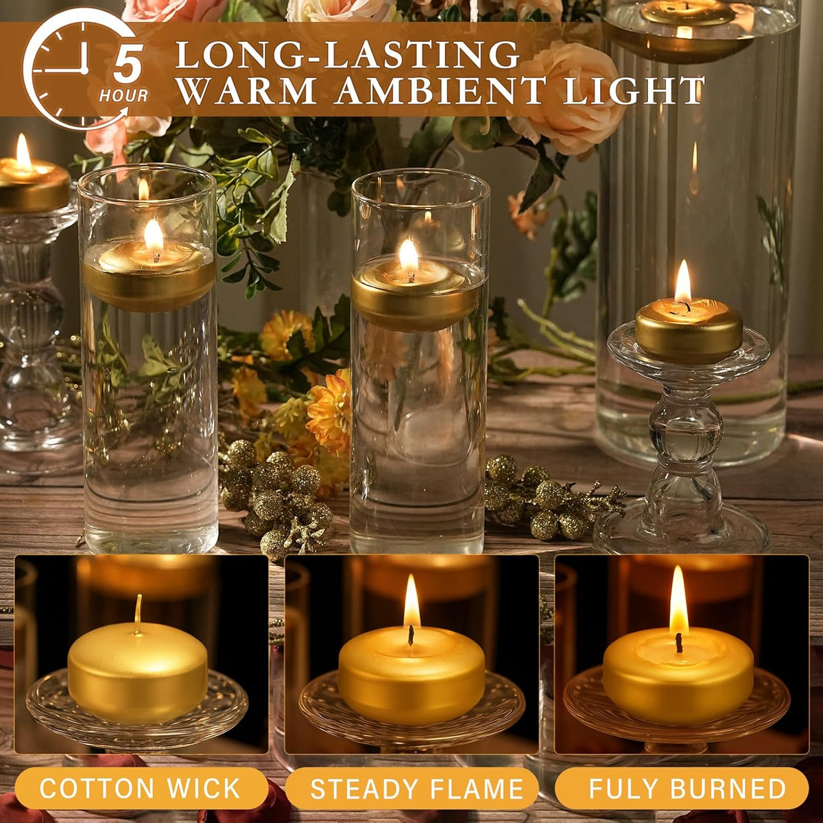 2 inch Gold Floating Candles, 48 Pack Unscented Floating Candles for Centerpieces,5-6 Hours Water