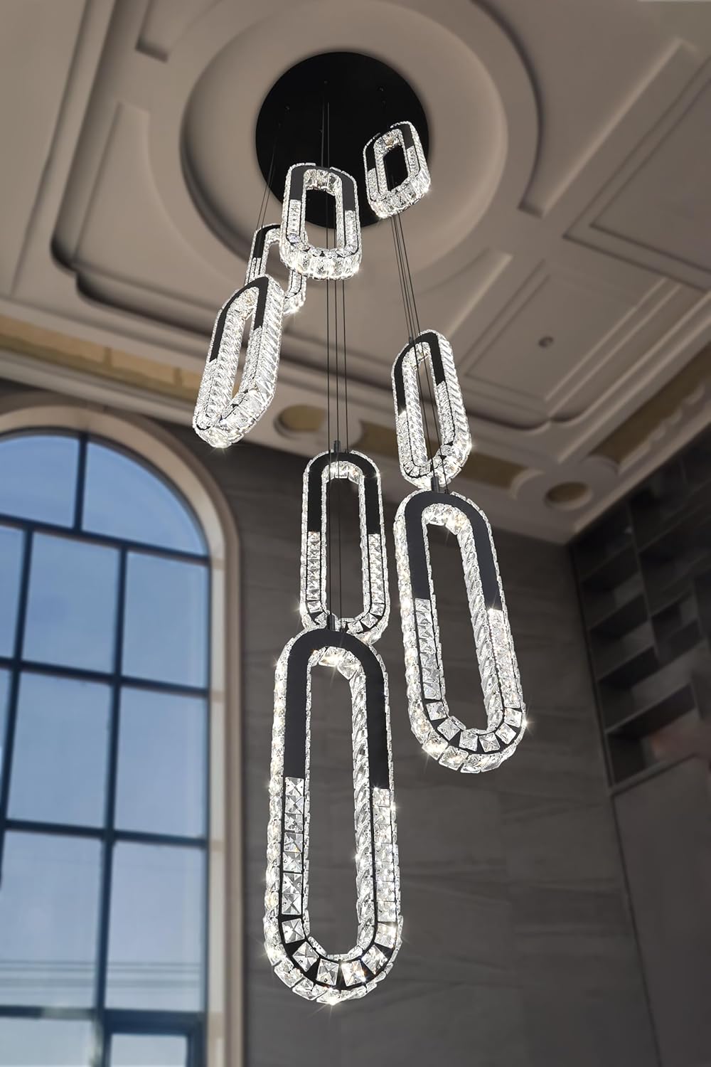 8 Rings Crystal Chandelier,H 118" Modern Black Pendant Light Luxury Foyer Lighting Fixture High
