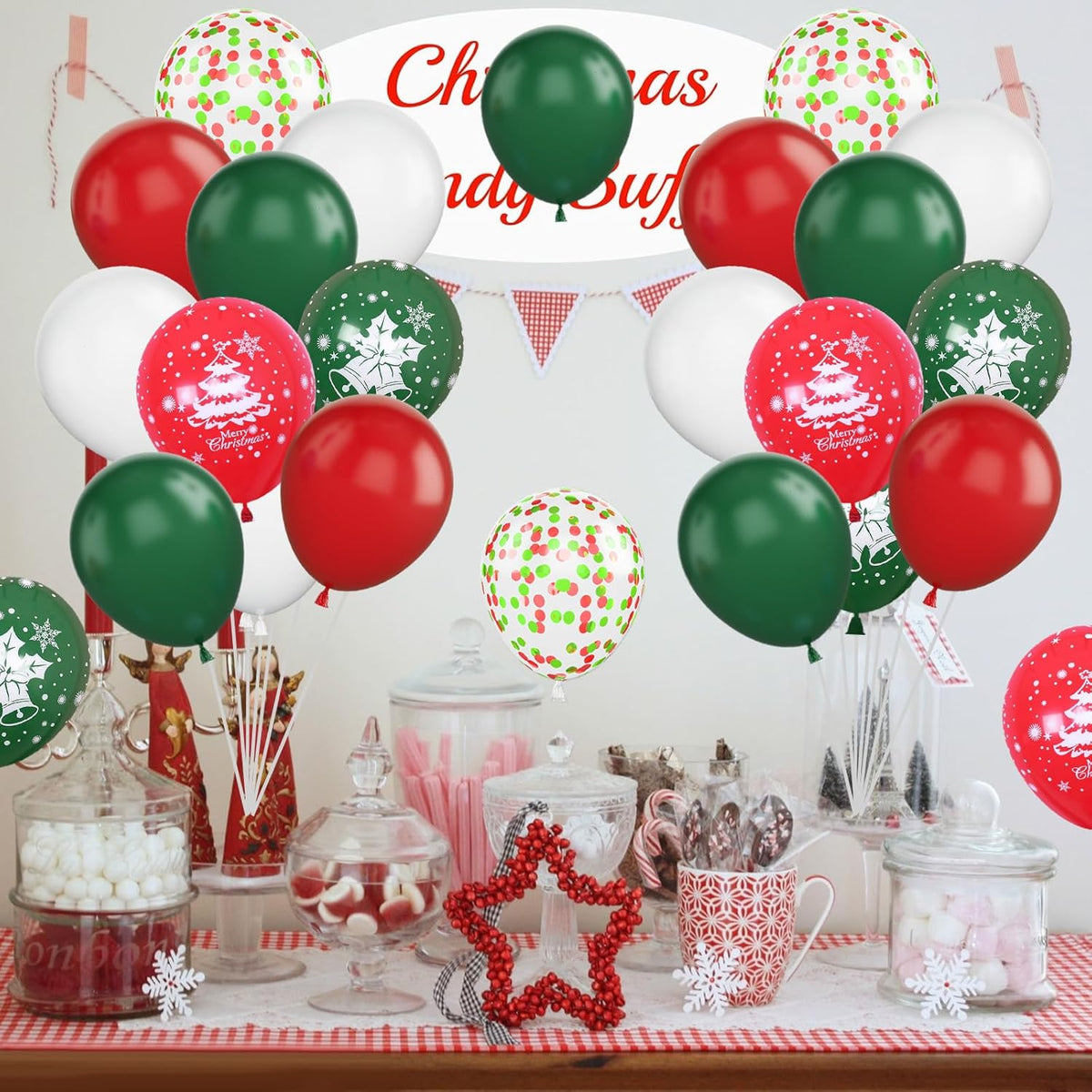 Christmas Balloons, 12 Inch Green Red White Xmax Balloons with Deer Christmas Tree Printed Balloons
