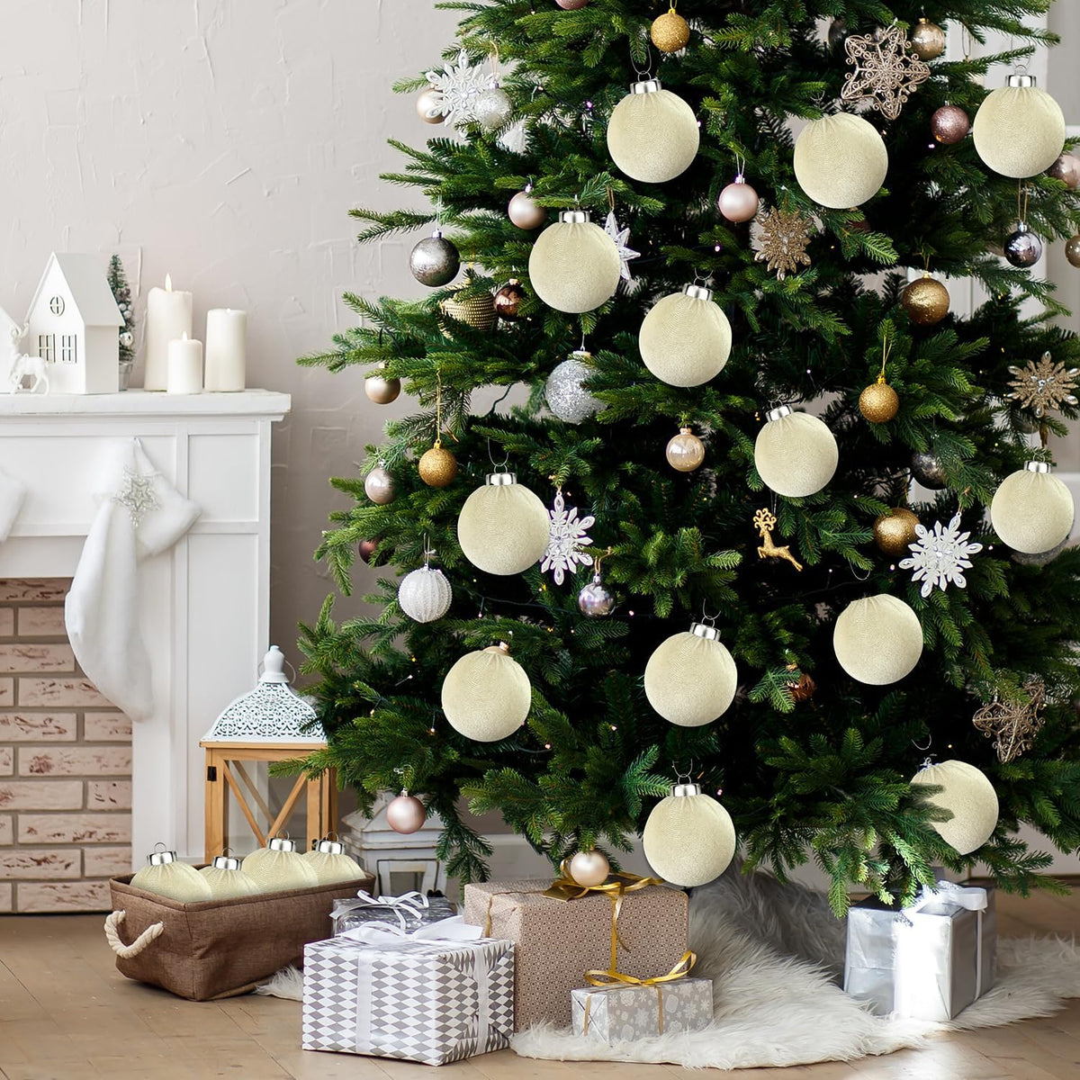 Beige Velvet Christmas Ball Ornaments for Tree 15 PCS, Large Neutral Flocked Christmas Bulbs