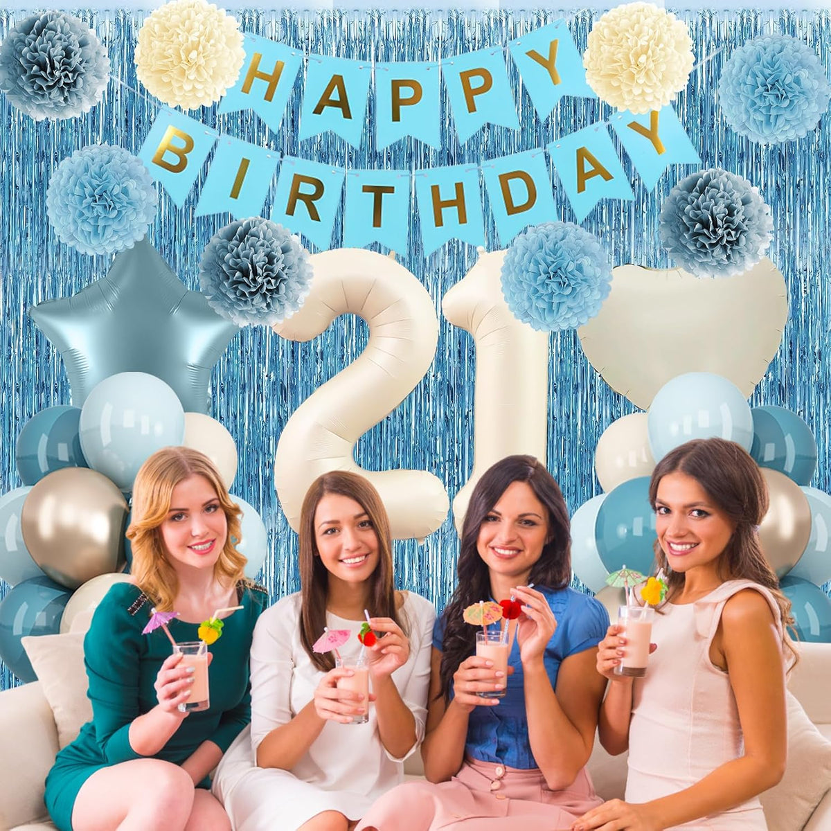 Dusty Blue 21st Birthday Decorations for Him Her Beige Cream Number 21 Balloon Blue Gold Happy