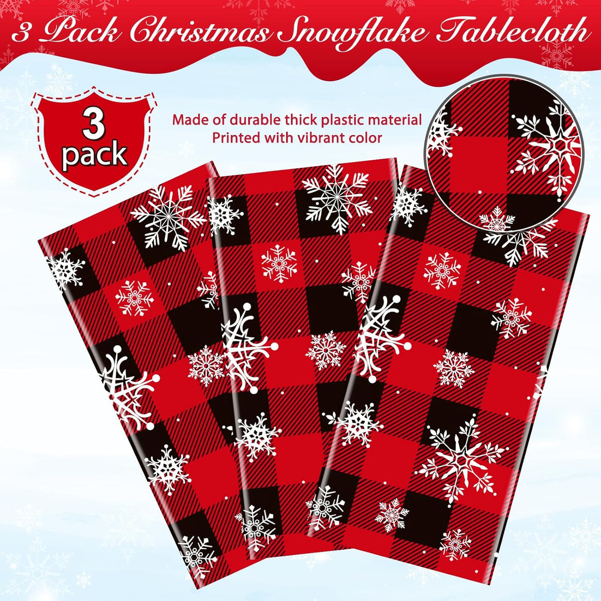 3 Pieces Red and Black Buffalo Plaid Merry Christmas Party Tablecloth Decorations,Plastic White