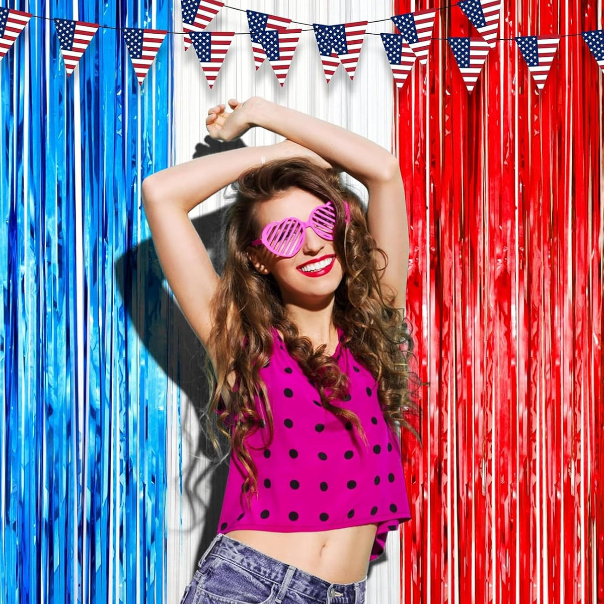 2 Pack Red White and Blue Foil Fringe Backdrop Curtains, Tinsel Streamers Party Decorations, Fringe