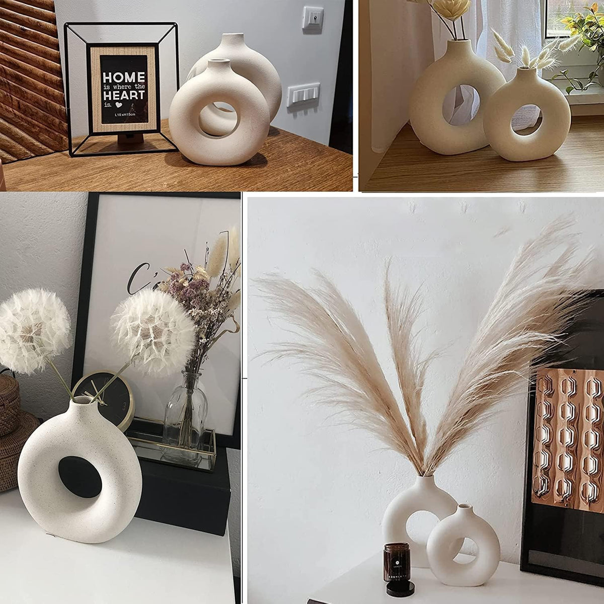White Ceramic Vases Set 2 for Modern Home Decor,Boho Round Matte Pampas Flower Vases Minimalist