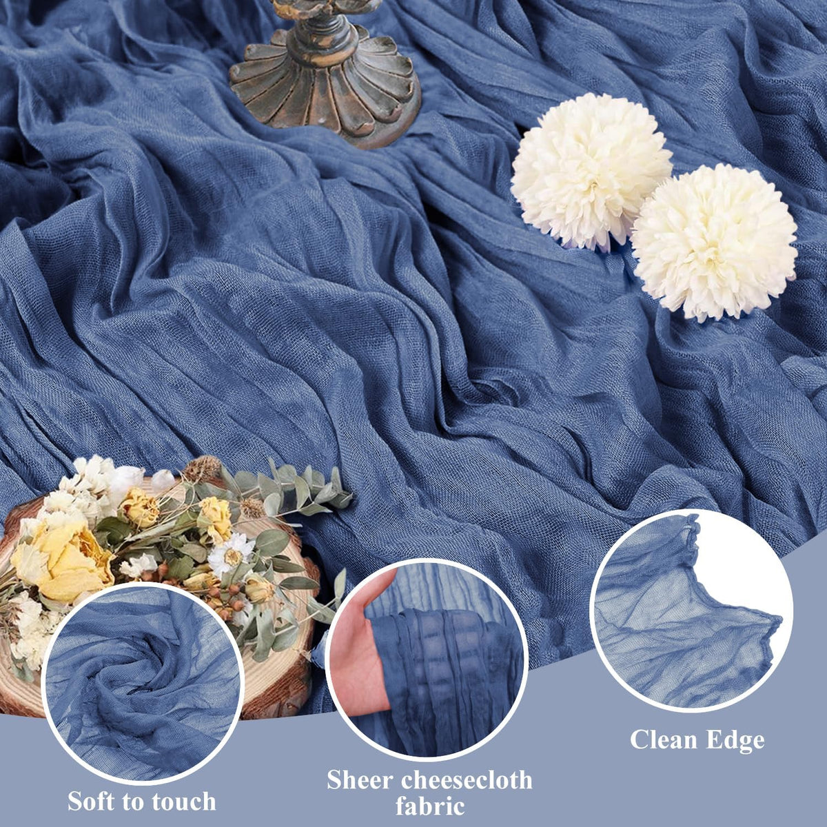 Asee'm 3pcs Cheesecloth Table Runner 120 Inches Long Blue Boho Gauze Cheese Cloth Runner 10FT