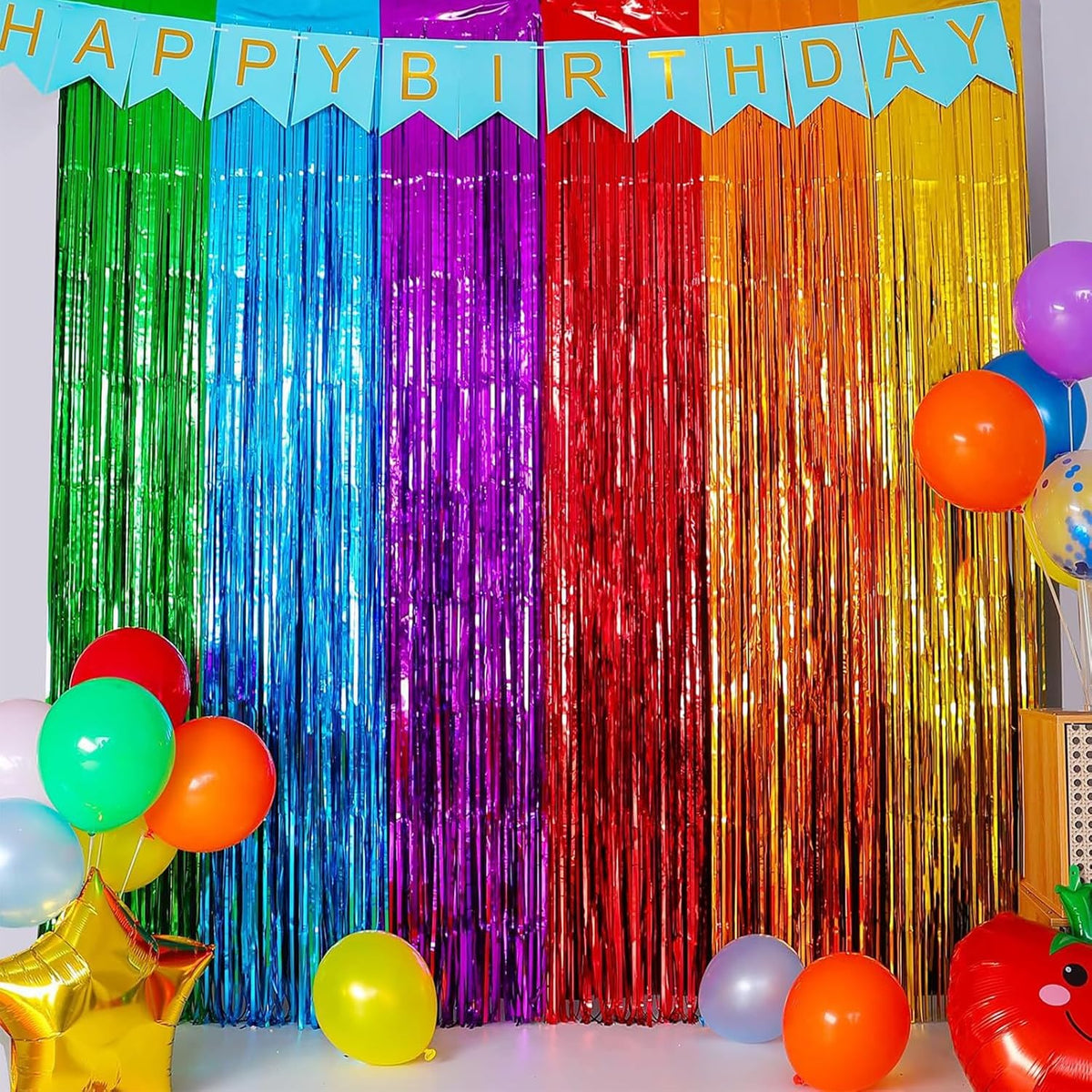 CANREVEL 2 Pack 3.3x8.2 Feet Rainbow Foil Fringe Backdrop Curtains, Tinsel Streamers Birthday Party