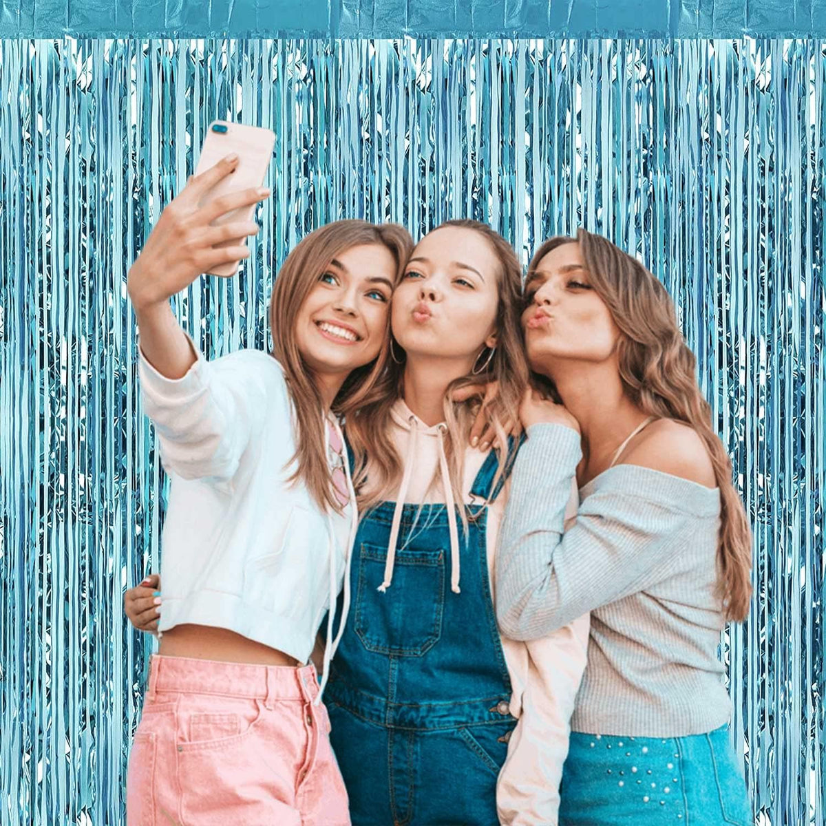 4 Pack Light Blue Foil Fringe Curtain Backdrop, 3.28Ft x 8.2Ft Metallic Tinsel Foil Fringe Streamer