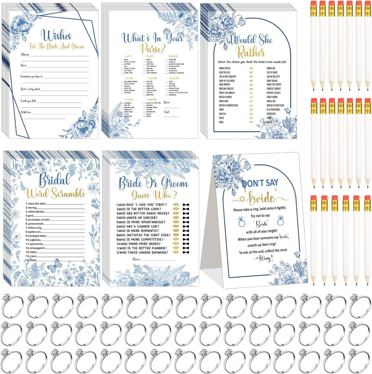 Estune 331 Pcs Bridal Shower Games Supplies, 5 Sets 250 Pcs Wedding Games Cards, 60 Pcs Rings, 20