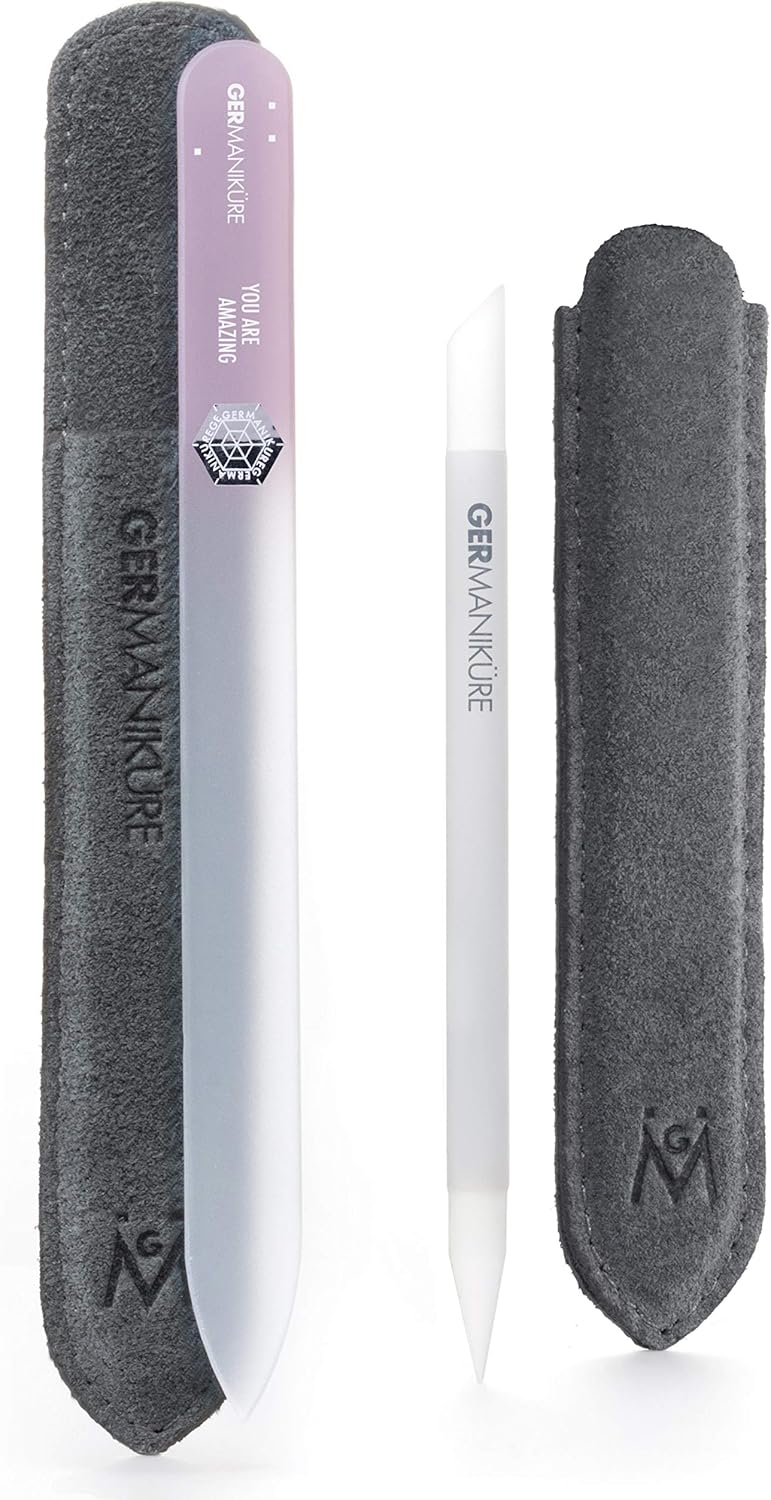 GERMANIKURE 2 Pc Glass Bundle - Crystal Glass Cuticle Stick & You are Amazing Nail File in Suede