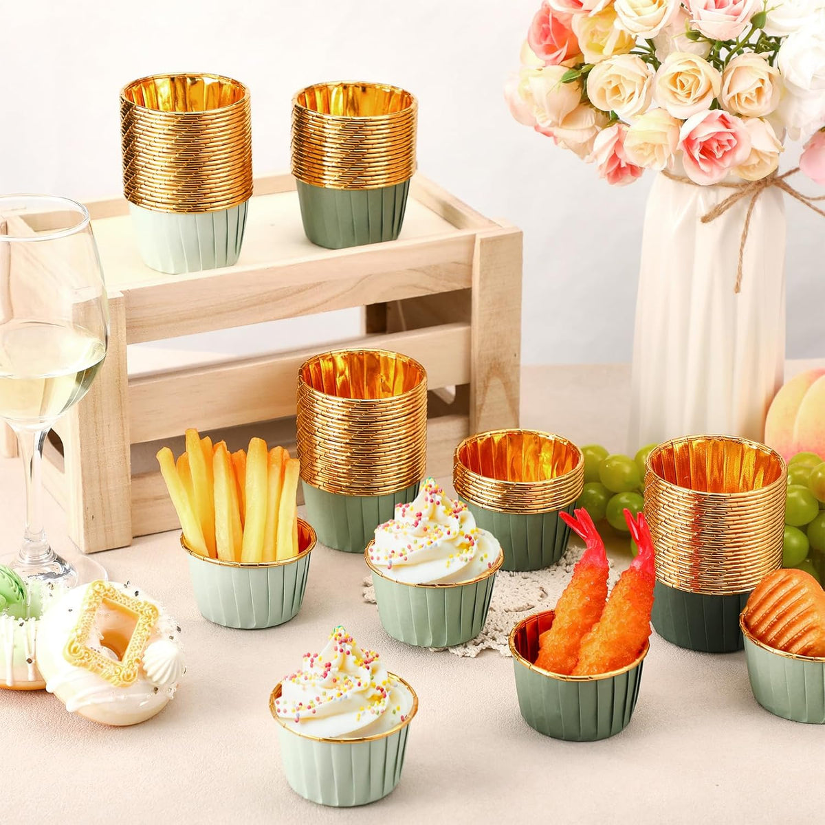 Geiserailie 100 Pcs Sage Green Cupcake Liners Gradient Green Cupcake Foil Wrappers Snack Bowls for