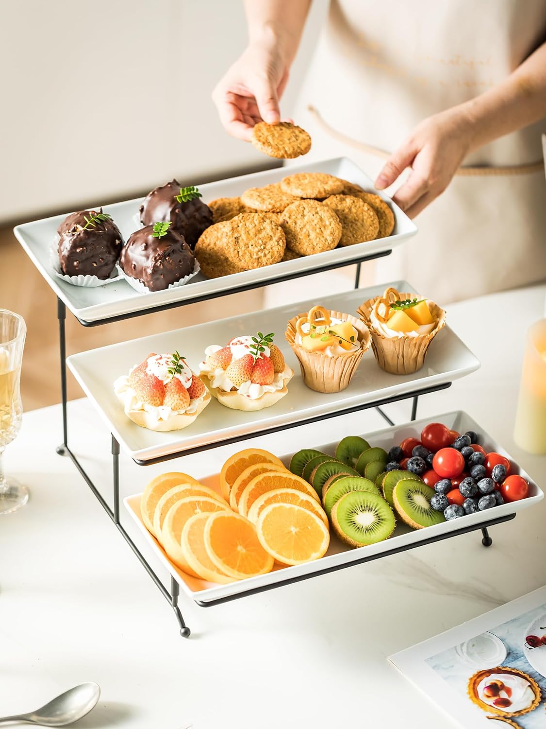 YHOSSEUN 3 Tier Serving Stand Tiered Tray Stand with 3 Porcelain Serving Platters Trays for Dessert