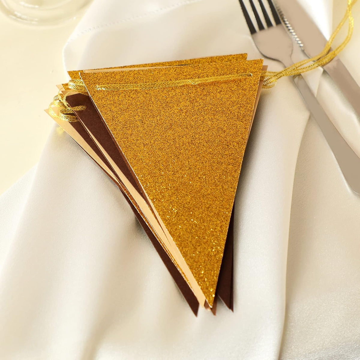 Fonder Mols Paper Pennant Party Decorations Coffee Brown Gold(10 Feet), Triangle Flags Bunting for