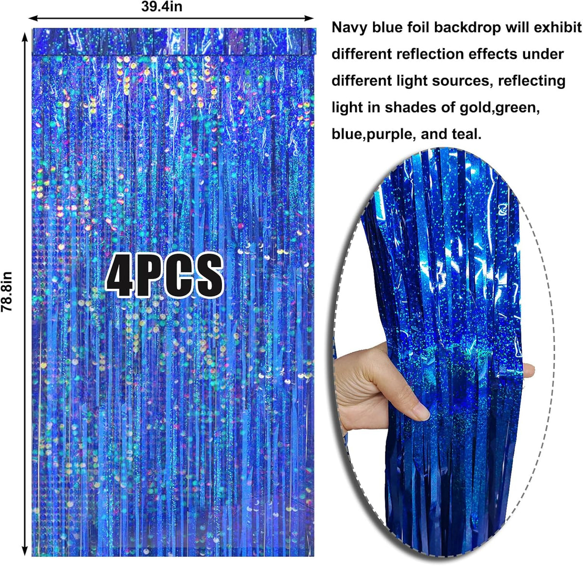 4 Packs Blue Foil Fringe Curtain, Navy Blue Metallic Tinsel Backdrop for Birthday, Wedding, Baby