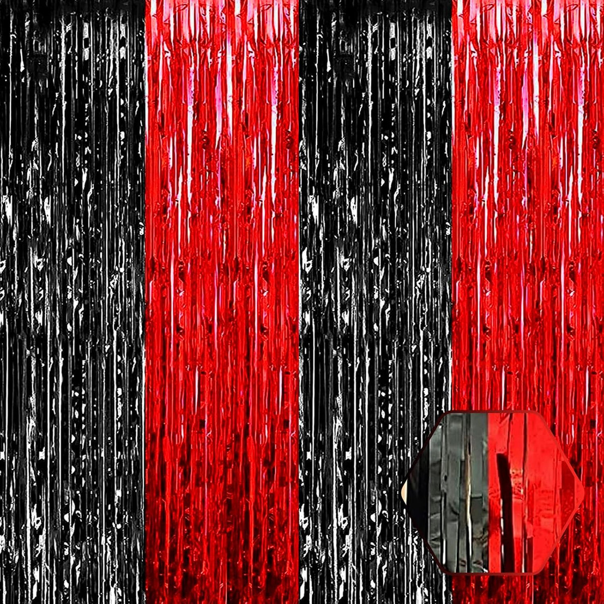 3 Pack Black Red Foil Fringe Curtain Backdrop, 3.28Ft x 8.2Ft Metallic Tinsel Foil Fringe Streamer