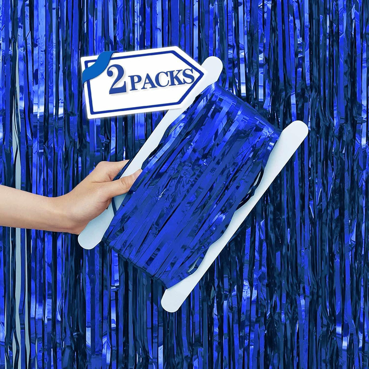 2 Pcs Blue Metallic Tinsel Foil Fringe Curtains Backdrop, 3.28 ft x 6.56 ft Streamers for Birthday