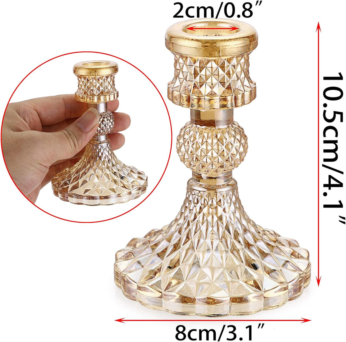OwnMy Set of 2 Gold Glass Taper Candle Holders Decorative Glass Candlestick Holders, Modern Taper