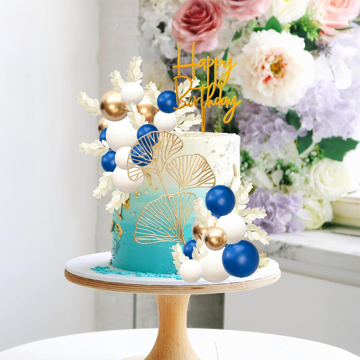 Gyufise 57Pcs Balls Cake Topper Boho Grass Cake topper Pearl Balls Acrylic Happy Birthday Cake