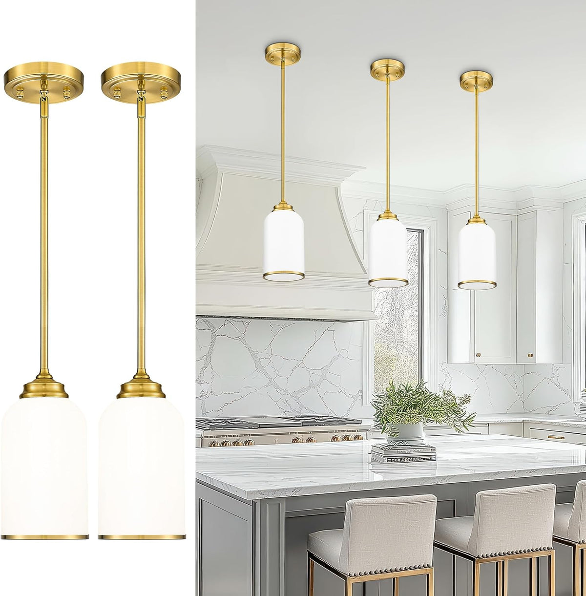 LIROUVET 2 Pack Pendant Lights, Vintage Hanging Lamp, Brushed Gold Pendant Lights Kitchen Island