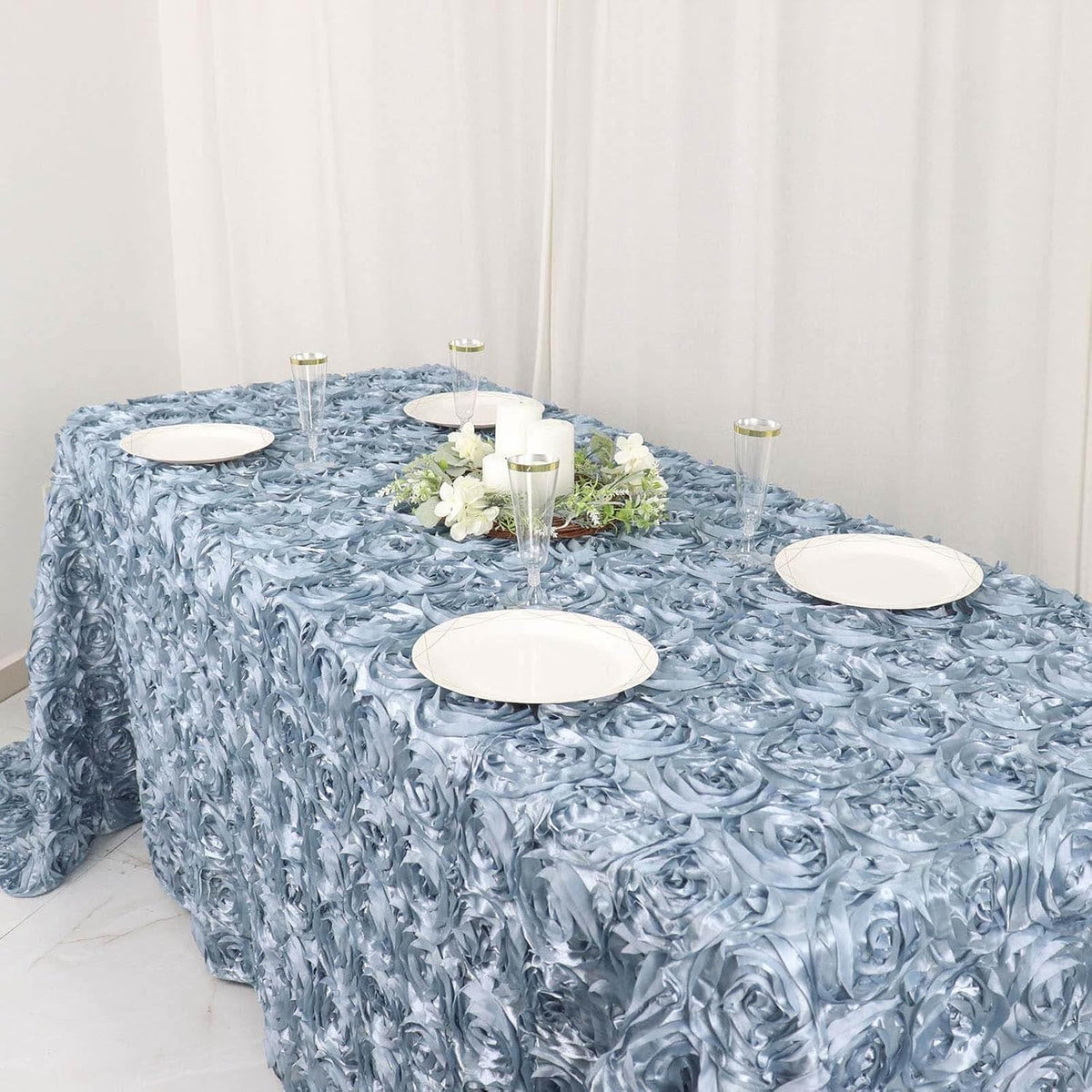 Efavormart 90"X132" Dusty Blue Grandiose 3D Rosette Satin Rectangle Tablecloth for Wedding Party