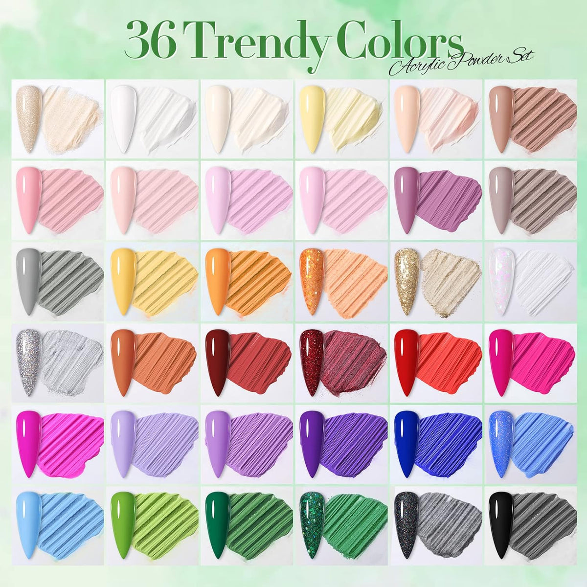 BORN PRETTY Acrylic Powder Set 36 Colors Acrylic Nail Powder Nude Pink Blue Yellow Purple Red