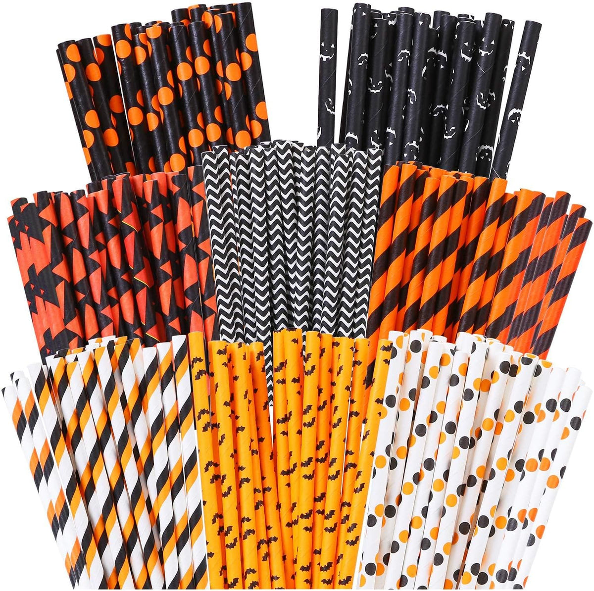 Cooraby 200 Pieces Halloween Paper Straws Pumpkin Bat Spider Web Pattern Straws Black Orange