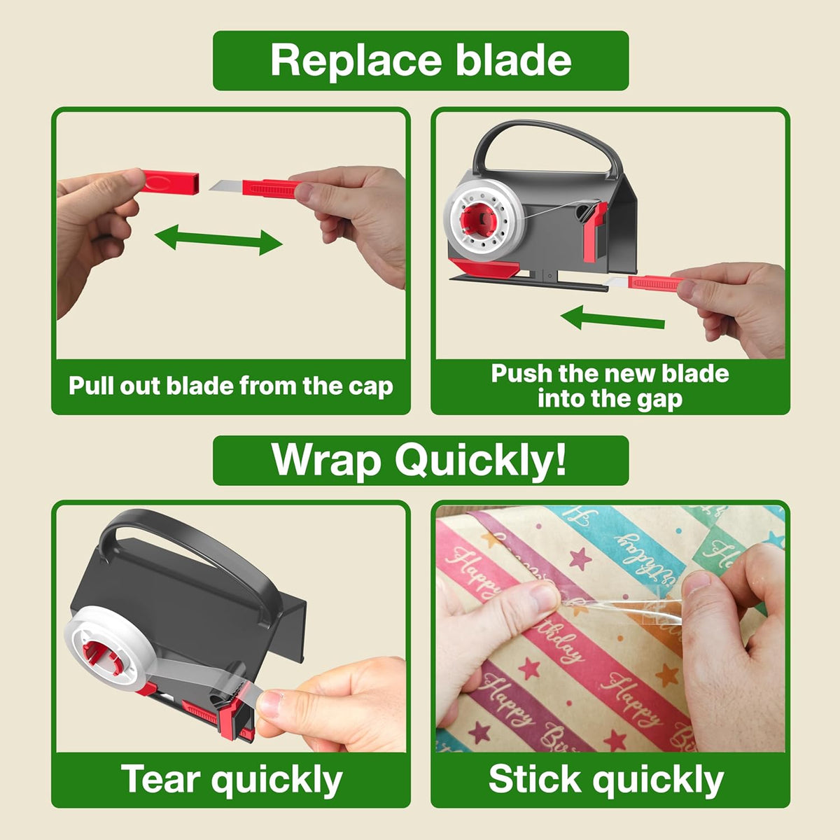 (2-Pack) Wrapping Paper Cutter & Tape Dispenser Dual Use with 4 Tapes，2 Replace Blades Kit for