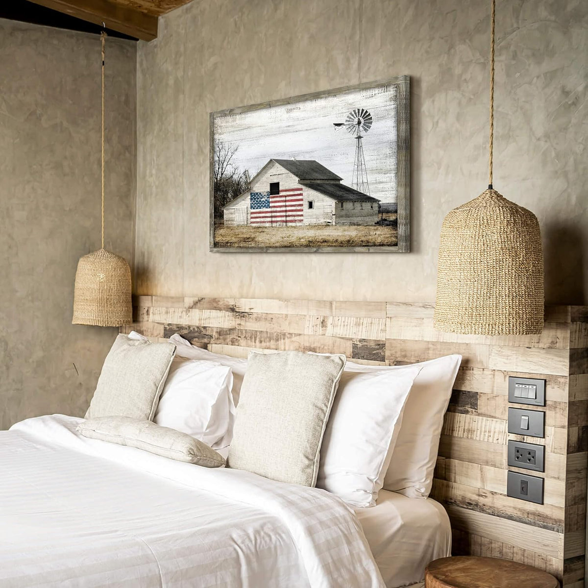 Rustic Landscape Wooden Picture Artwork - Neutral Color Barn with USA Flag Accent Windmill Painting