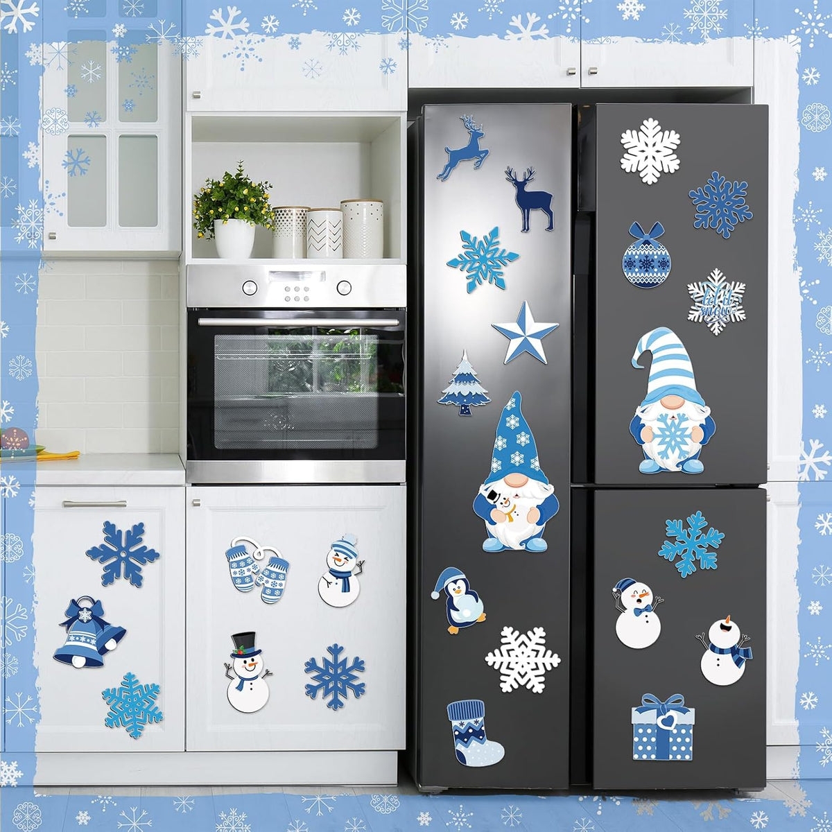 Xuhal 25 Pcs Christmas Magnets Decoration Winter Blue Gnome Snowman Snowflake Refrigerator Magnets