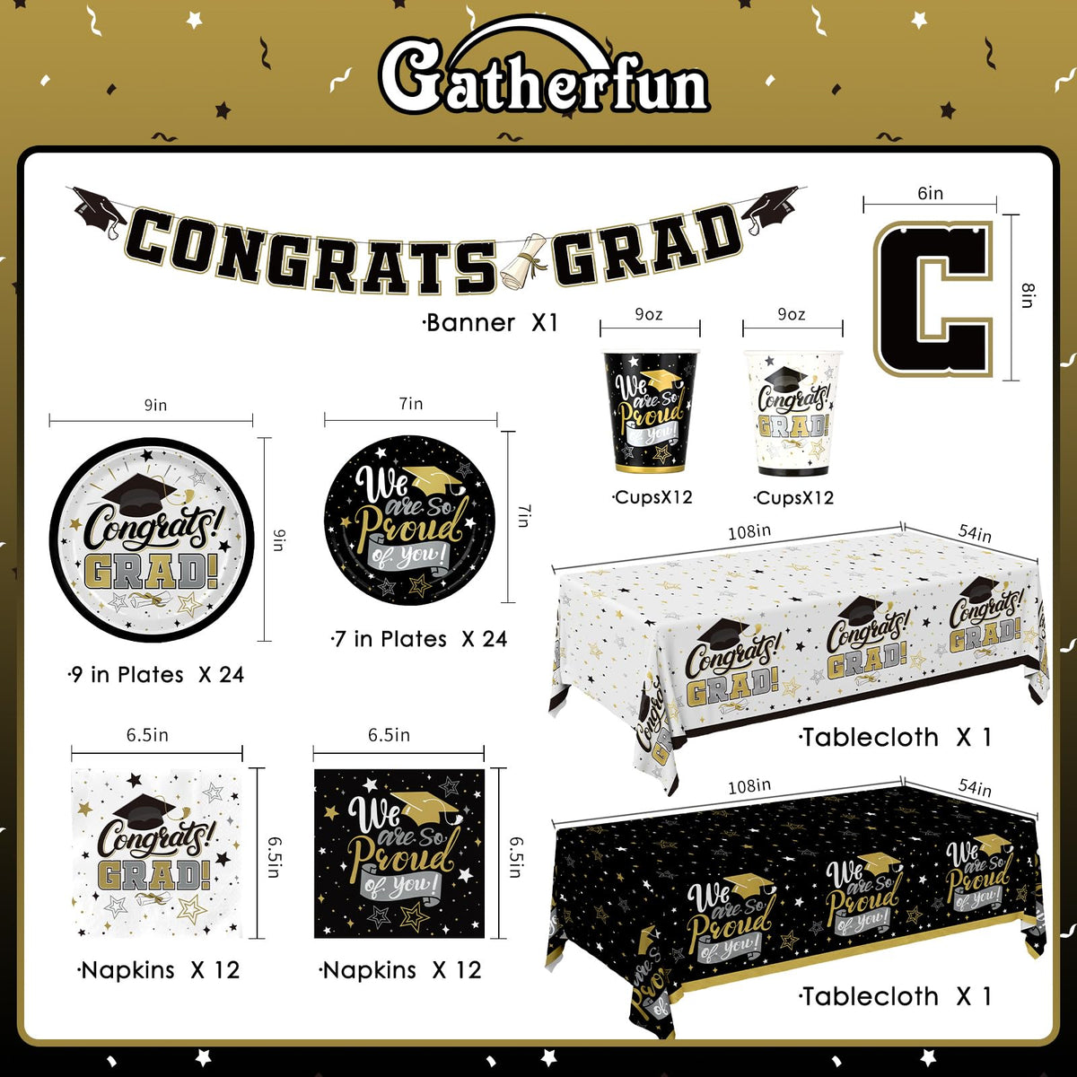 Graduation Decorations 2026 Black and Gold Grad Party Supplies with Disposable Plates, Napkins
