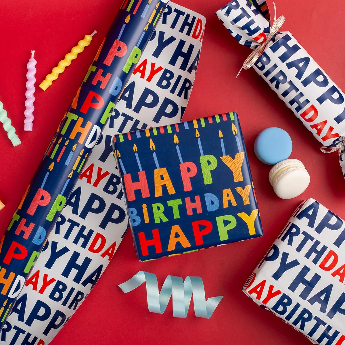 Birthday Wrapping Paper Roll - 30 Inch X 33 Feet - Reversible Metallic Foil Navy Blue Party Hat