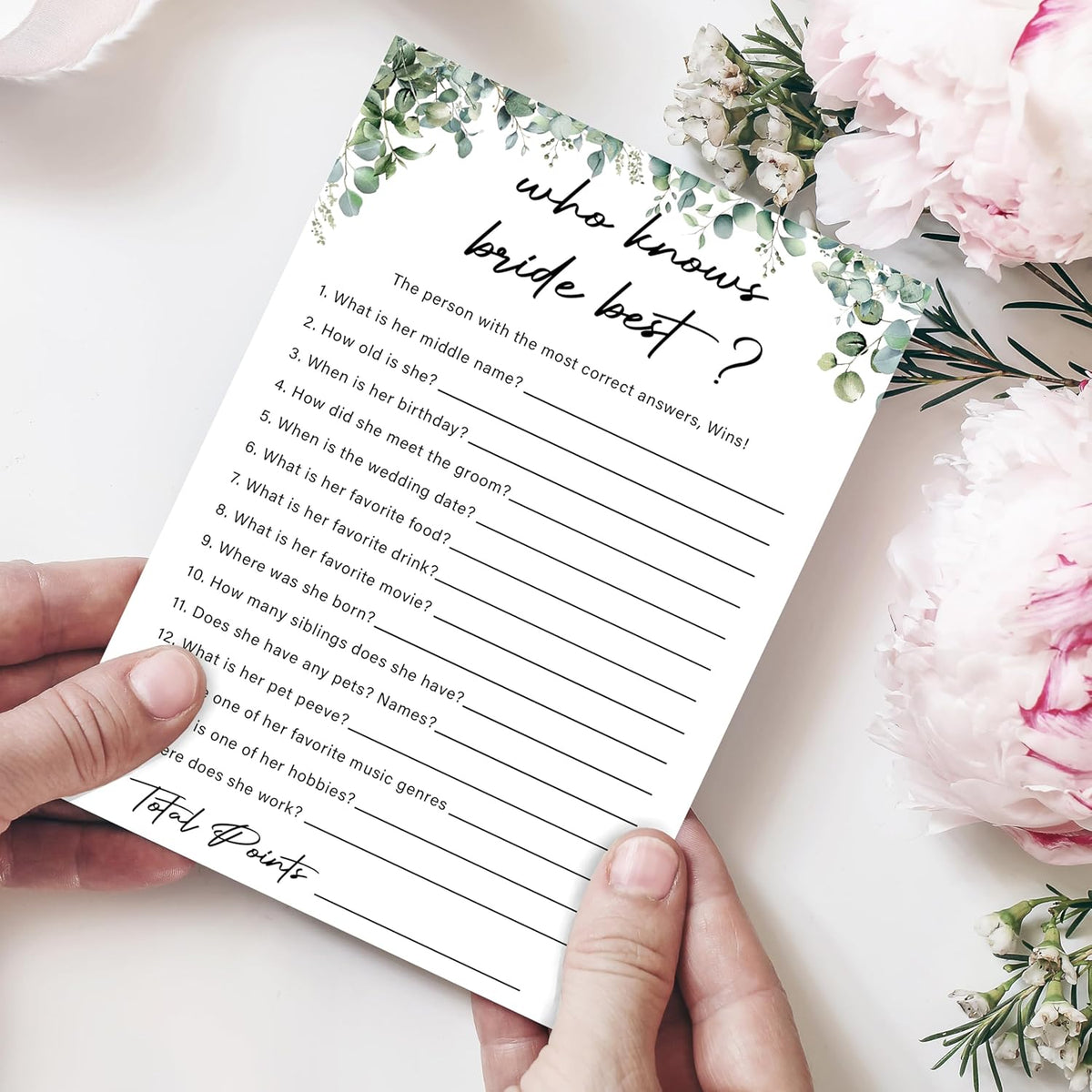 Eucalyptus Bridal Shower Game Cards - Who Knows Bride Best, Wedding Engagement Bachelorette Party
