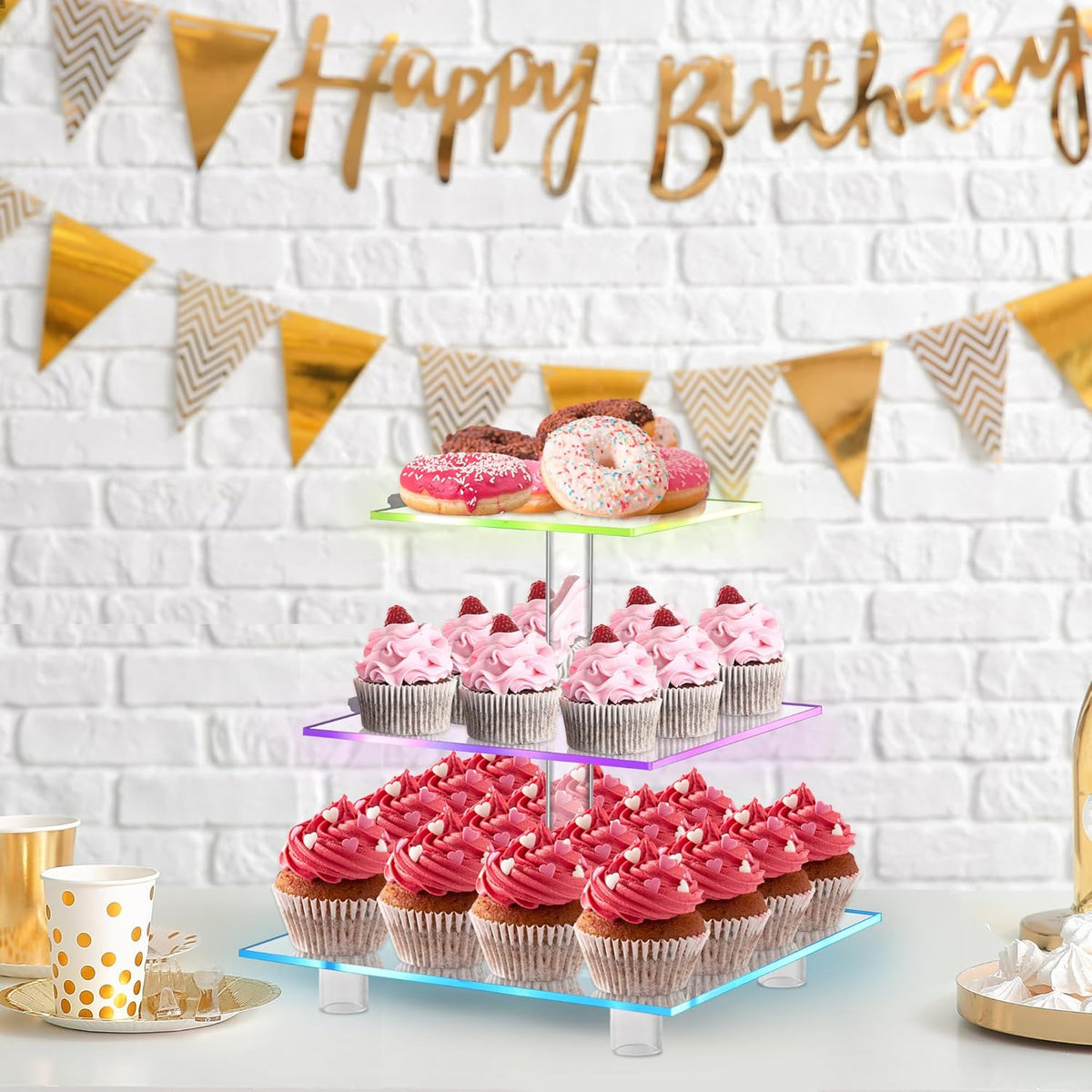 Cupcake Stand for 24 Cupcakes, 3 Tier Cupcake Holder with Rechargeable LED, 7 Colors Light Cupcake