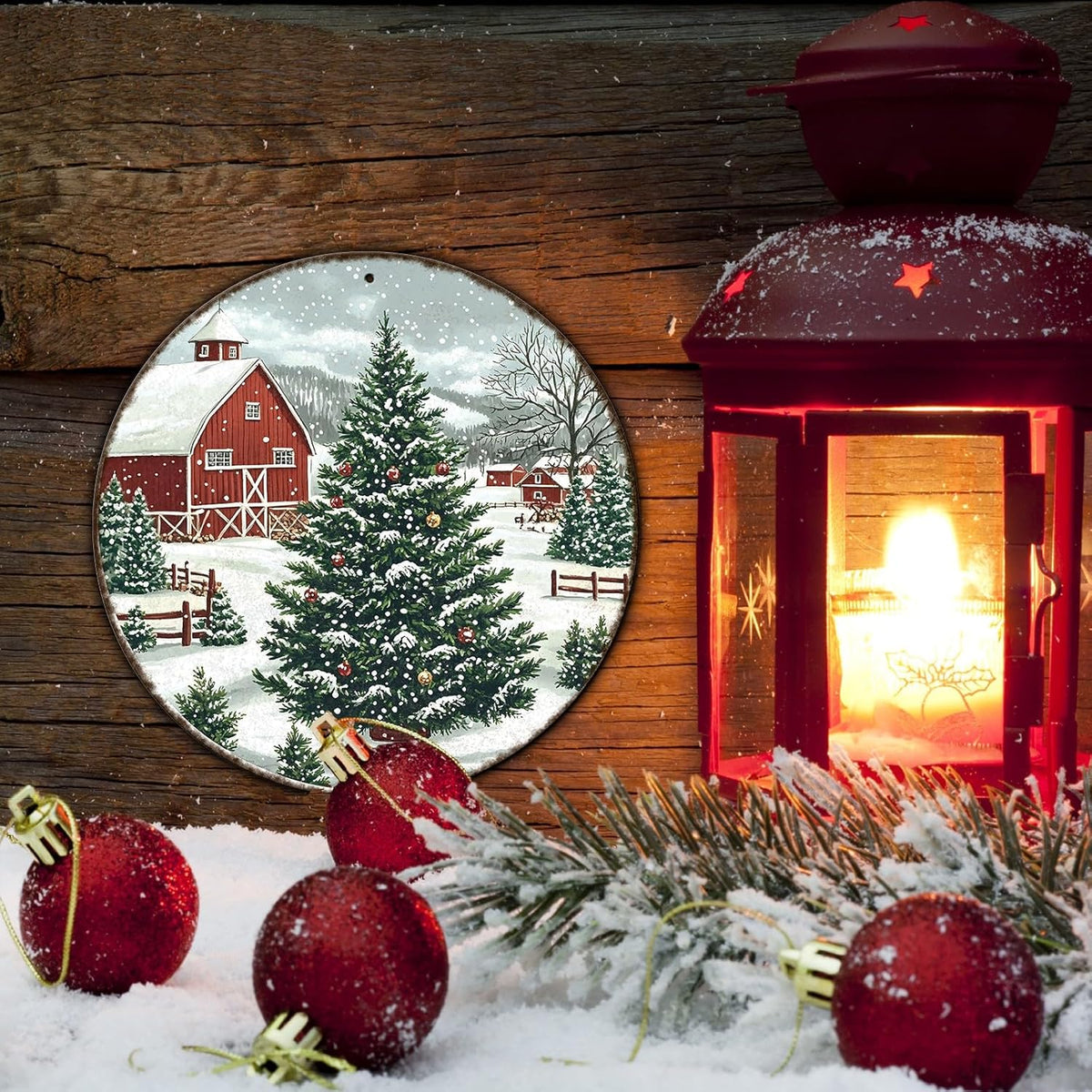 Round Christmas Trees Barn Metal Tin Sign Christmas Vintage Tin Sign for Kitchen Cafe Bar Farmhouse