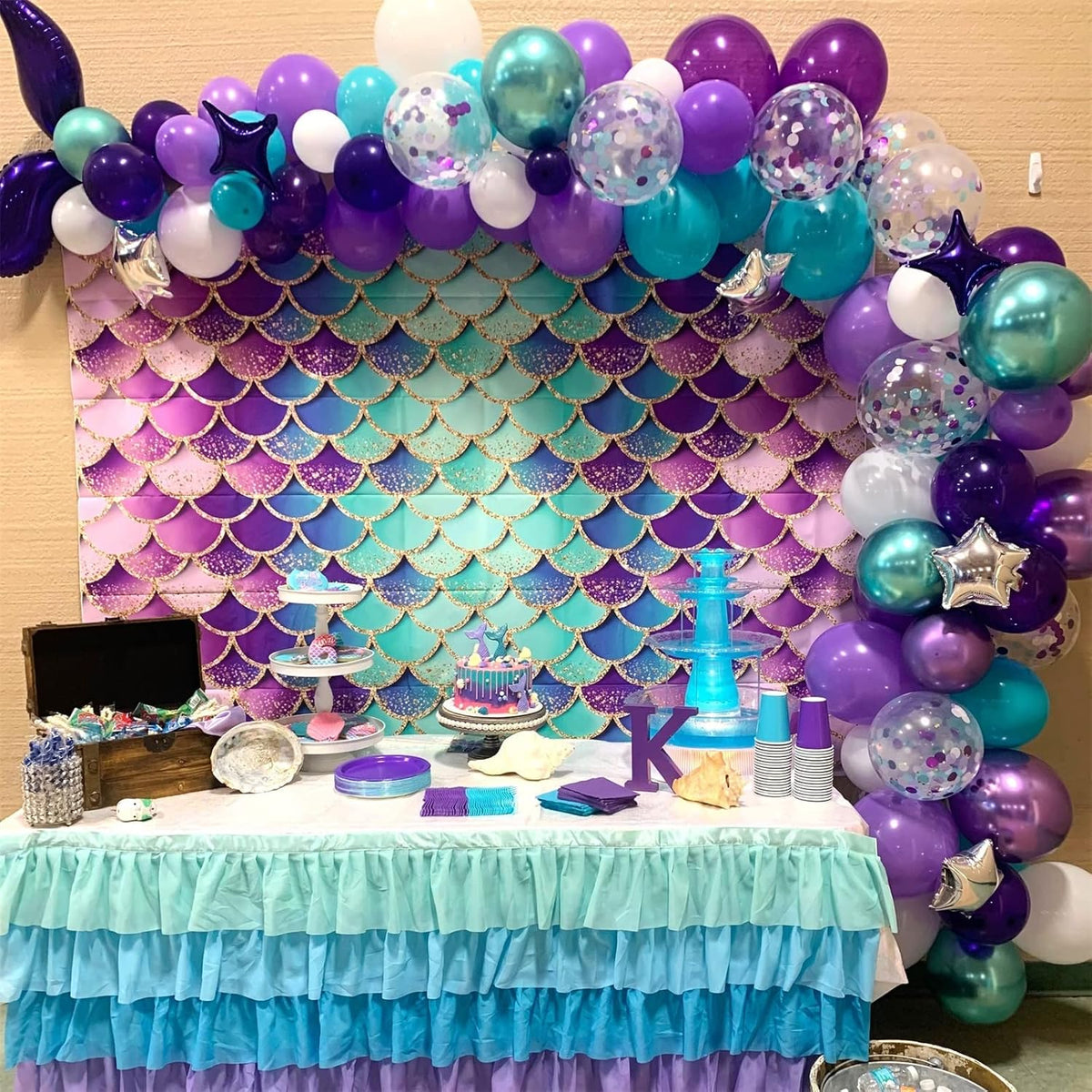 Mermaid Party Balloons 55 Pack, 12 Inch Metallic Purple Teal Blue Turquoise Green White Confetti