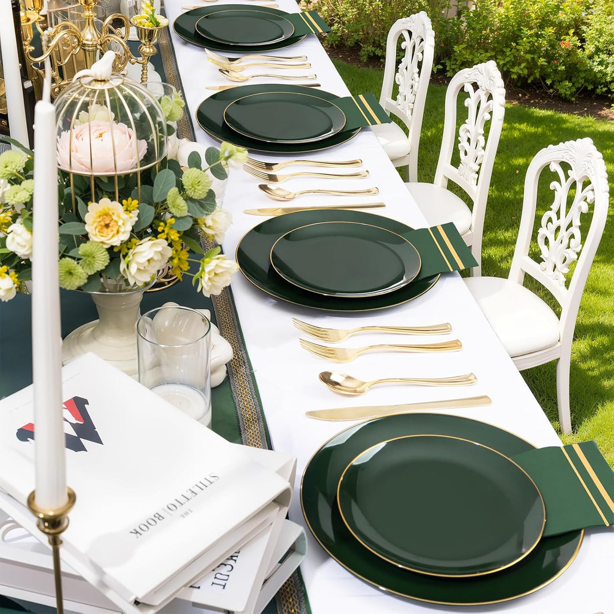 NOCCUR 350PCS Green Plastic Plates - Disposable Green Gold Dinnerware Set for 50 Guests, 100