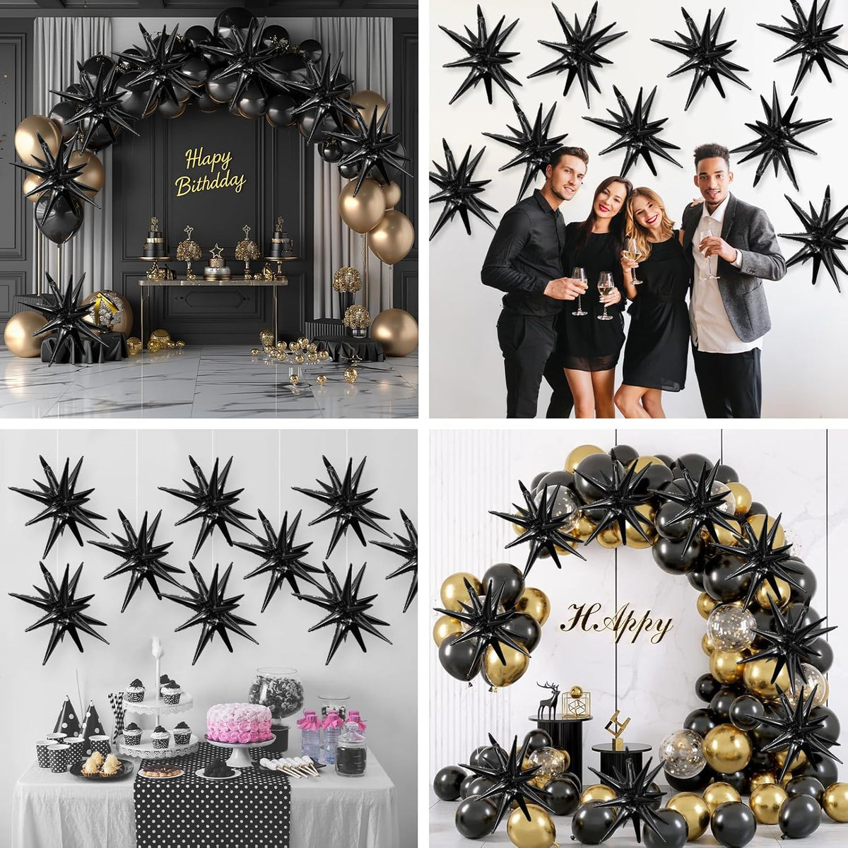 Black Star Balloons,9Pcs 22Inch Black Explosion Spike Cone Helium Polyester Film Star Foil Balloons