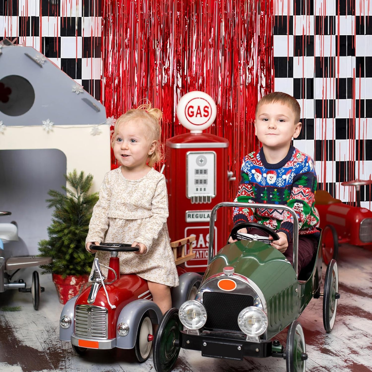 3 Pcs Racing Cars Foil Fringe Curtain Red Black White Checkered Photo Booth Props Tinsel Streamer