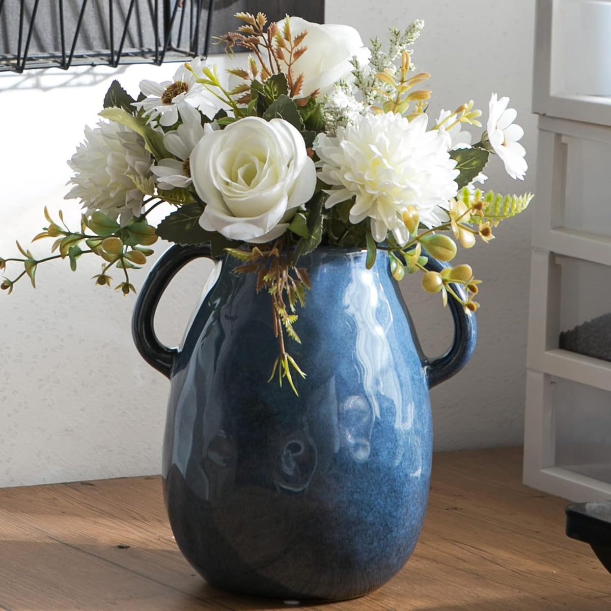 Blue Ceramic Vase with 2 Handles - Modern Farmhouse Rustic Terracotta Decorative Clay Boho Vase for