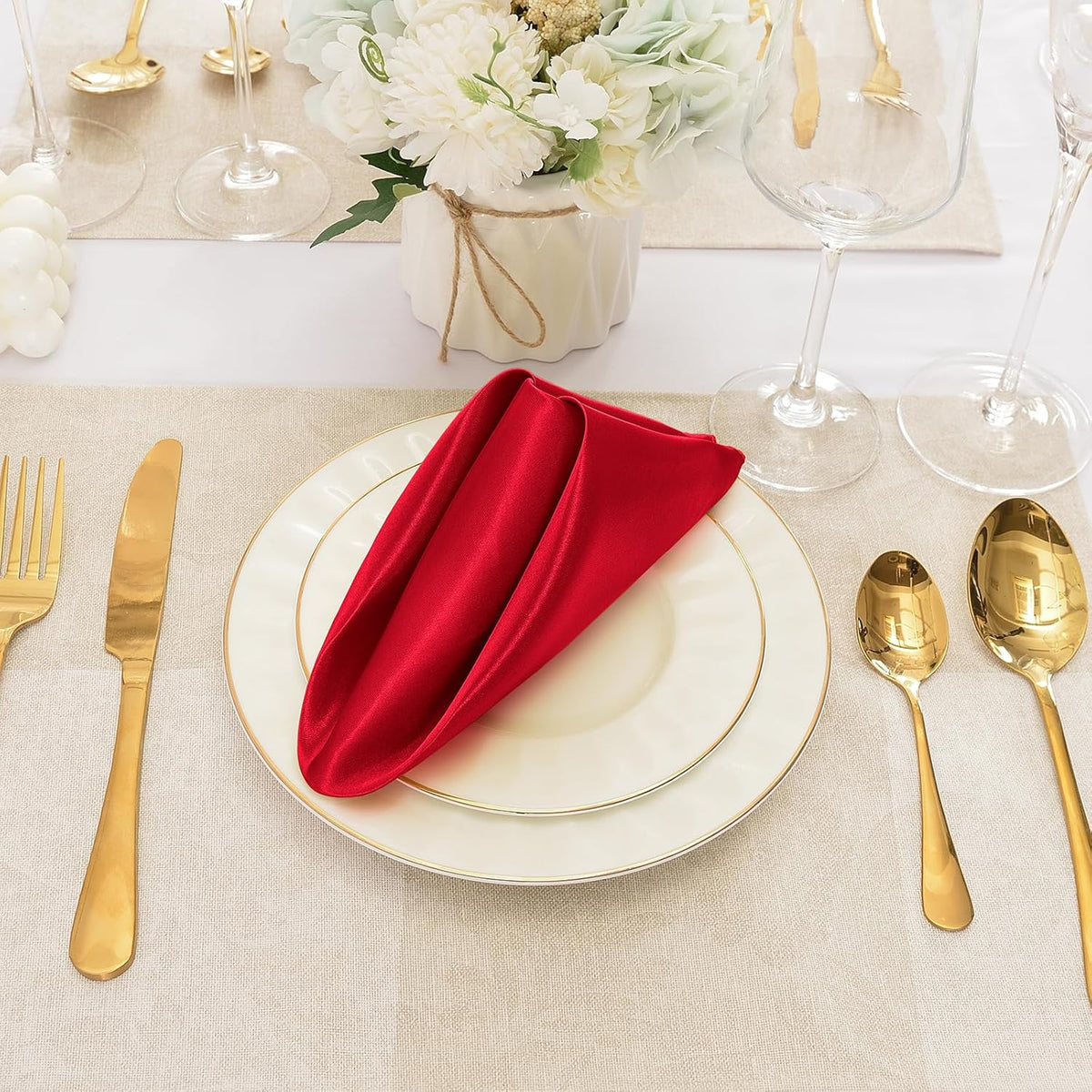 12 Pieces Red Satin Napkins, 17" x 17" Square Table Napkins, Silky Soft Smooth Washable Napkins for