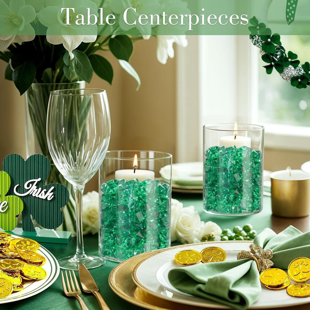 DomeStar 150PCS Fake Ice, Vase Fillers Green Acrylic Fake Diamonds Plastic Gems for Fish Tank Table