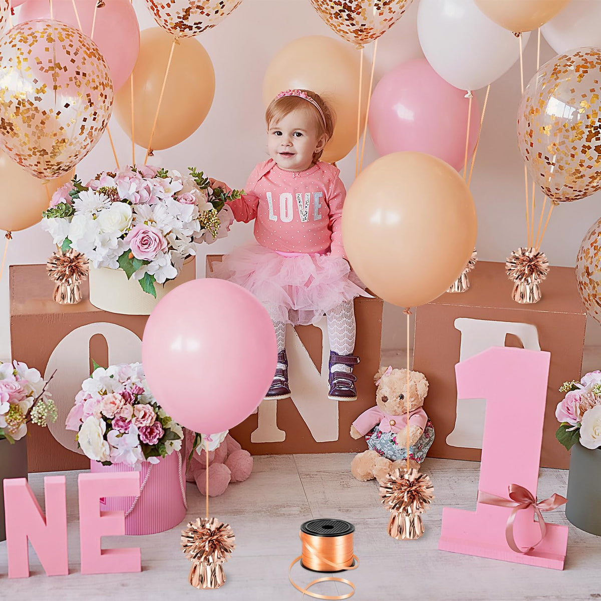 24 PCS Balloon Weights Metallic Anchor, Balloon Holder Heavy Weights with 1 Roll Rose Gold Crimped
