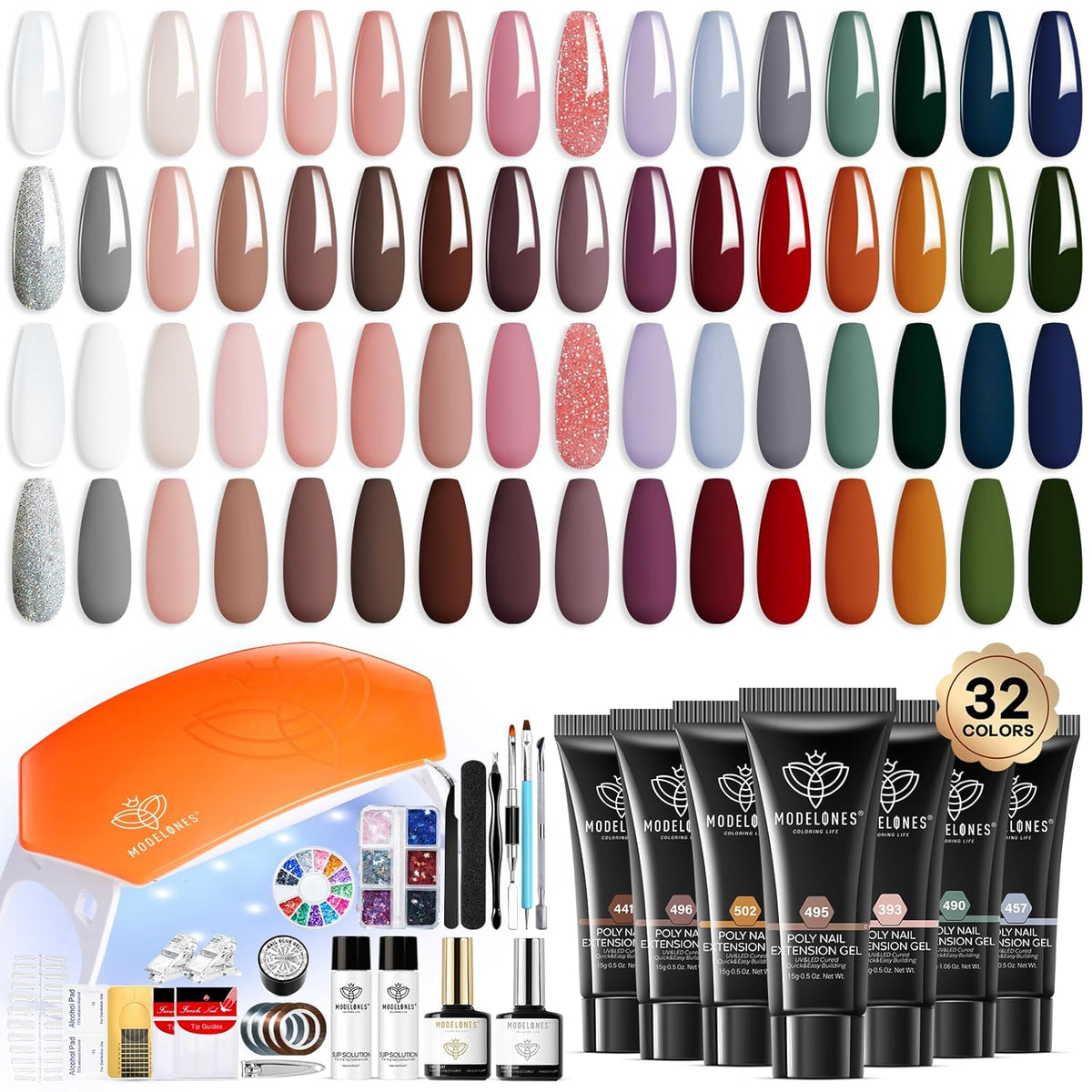 Modelones 133pcs Poly Nail Gel Kit, 32 Colors Earthy Tones Complete Extension Gel Nail Kit with 8W