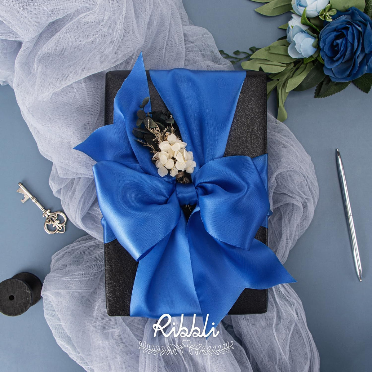 Ribbli Royal Blue Satin Ribbon 4 Inch Wide Blue Ribbon for Wedding Chair Sash Grand Opening