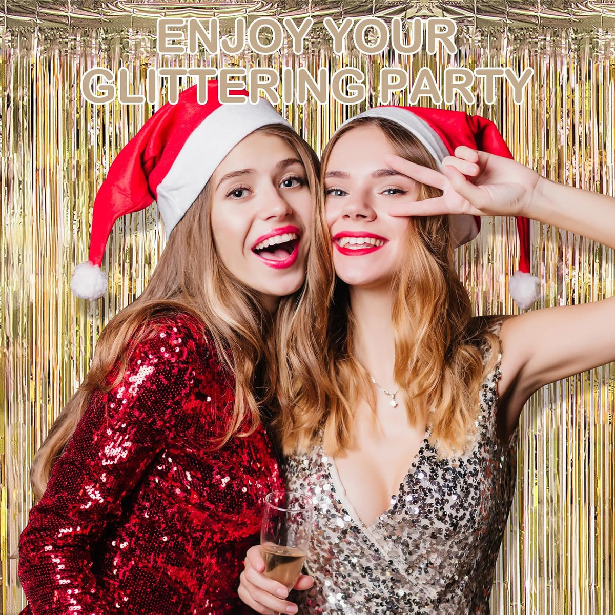 Champagne Gold Fringe Curtain Party Streamers, 12 Pack 3.3ft x 8.2ft Foil Curtain Backdrop Tinsel