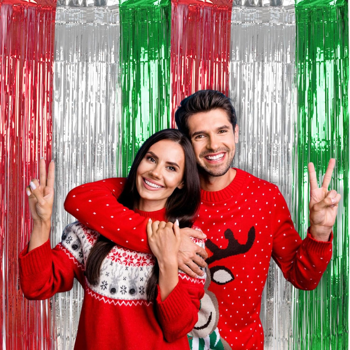 BRAVESHINE 2 Pack Fringe Backdrop Red Silver Green Christmas Party Decorations 3.2 x 6.6 ft Tinsel